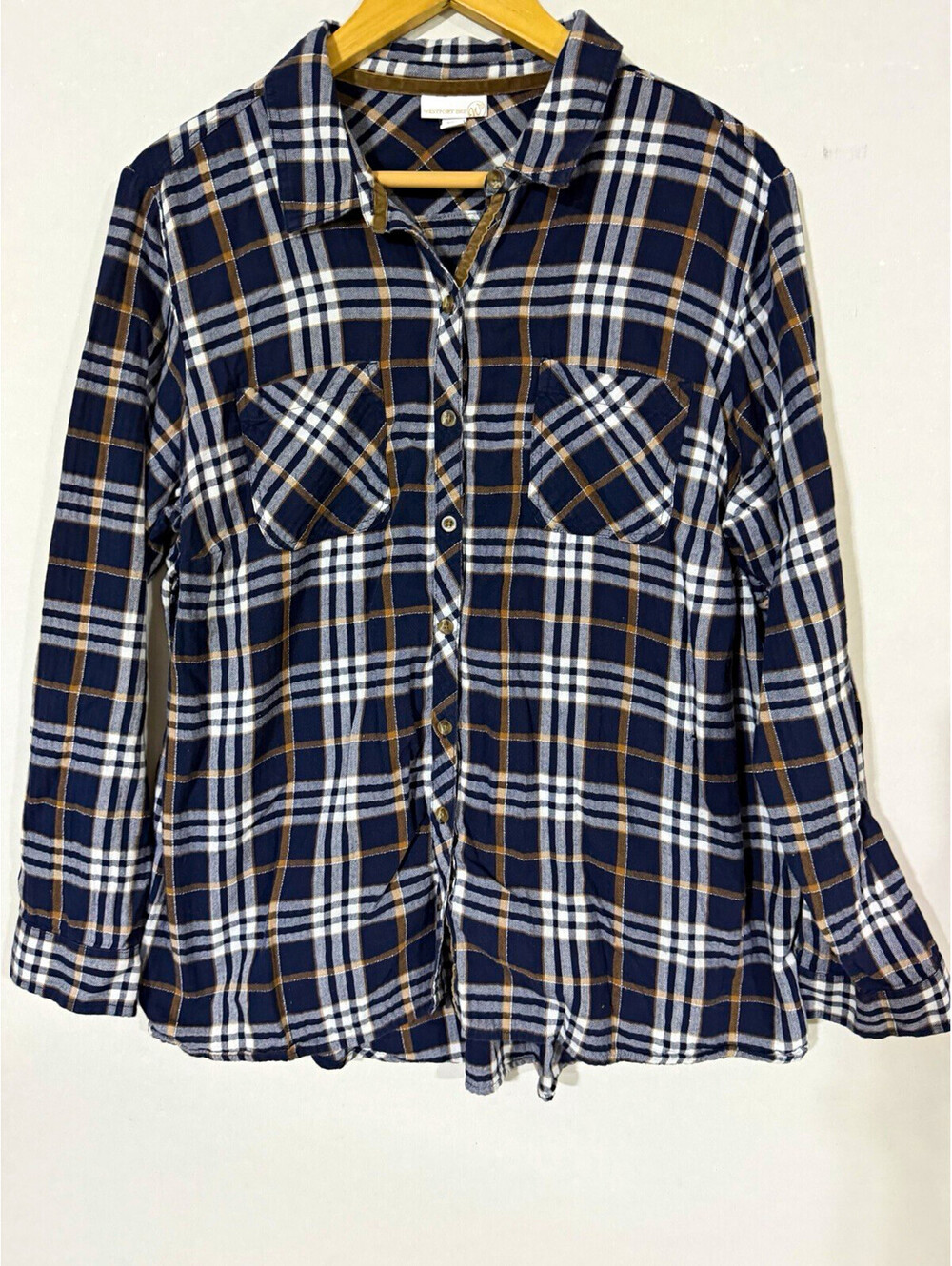 Westport 1962 Navy Plaid Flannel Collared Button-Front Shirt 2X Cotton